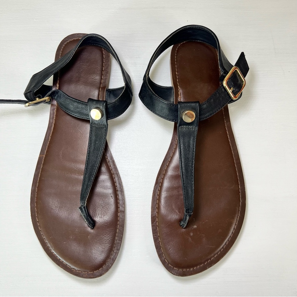 Target Size 10 Black and Brown Women's Sandals Gold Accents Flat Thong Sandals
